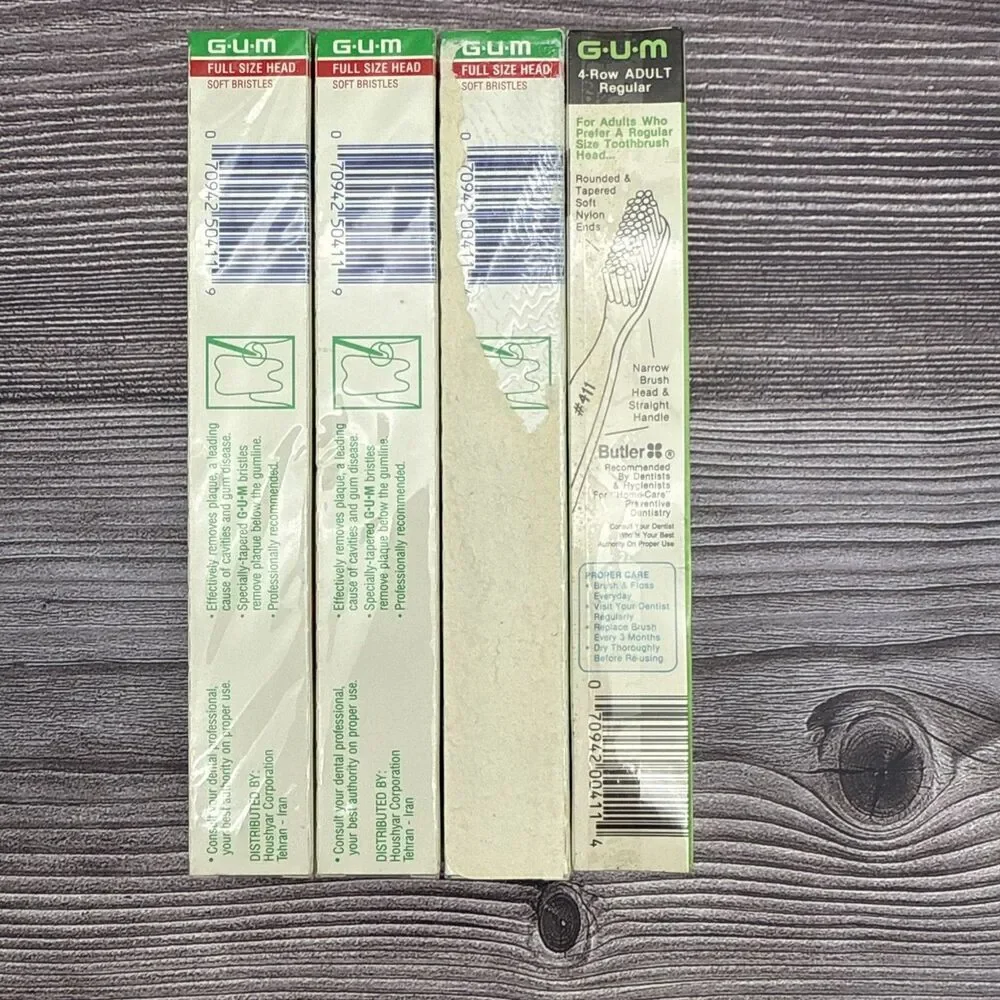 Lot 4 VTG Gum Butler 4-Row ADULT Full Size Head Toothbrush 411 Blue Yellow Red